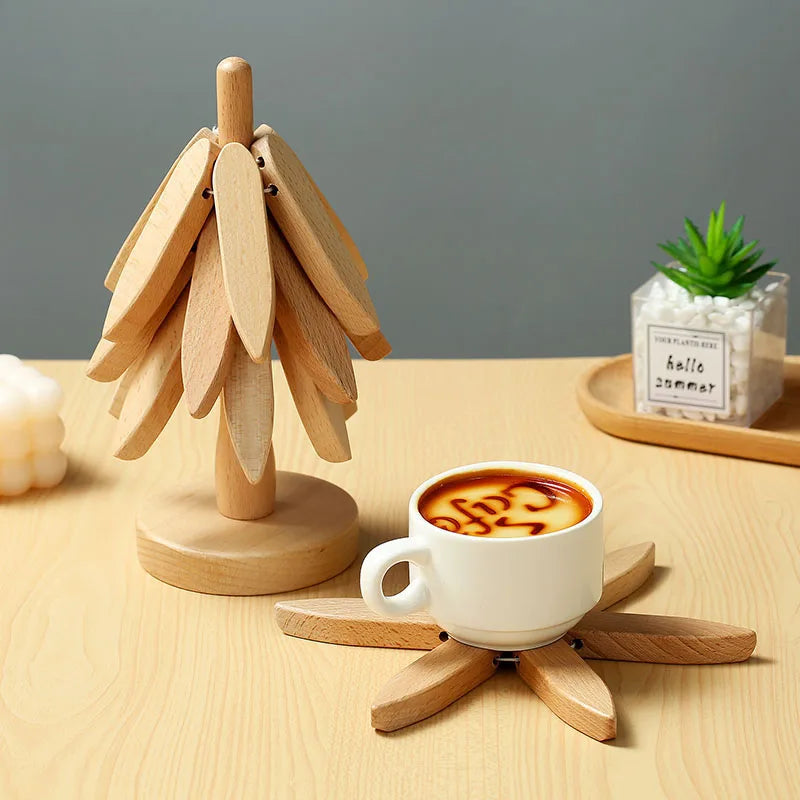 Creative Wooden Coaster Set with Tree-Shaped Holder – Unique Foldable Design