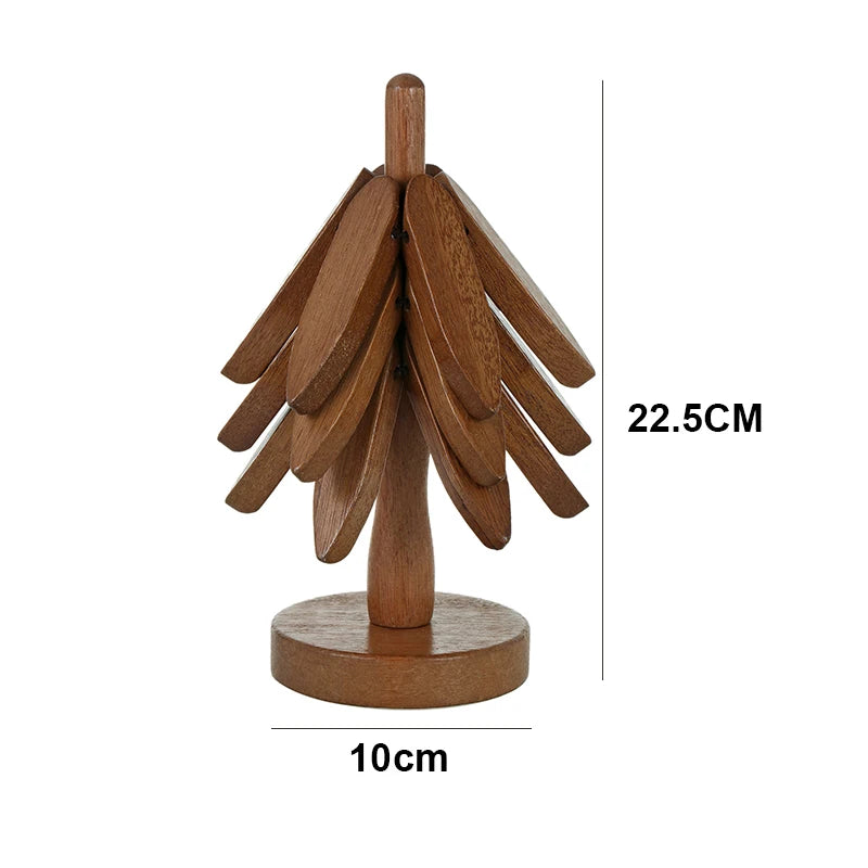 Creative Wooden Coaster Set with Tree-Shaped Holder – Unique Foldable Design