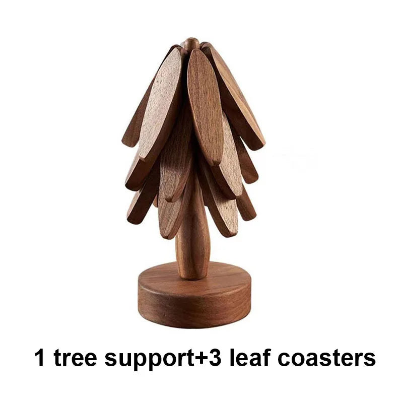 Creative Wooden Coaster Set with Tree-Shaped Holder – Unique Foldable Design