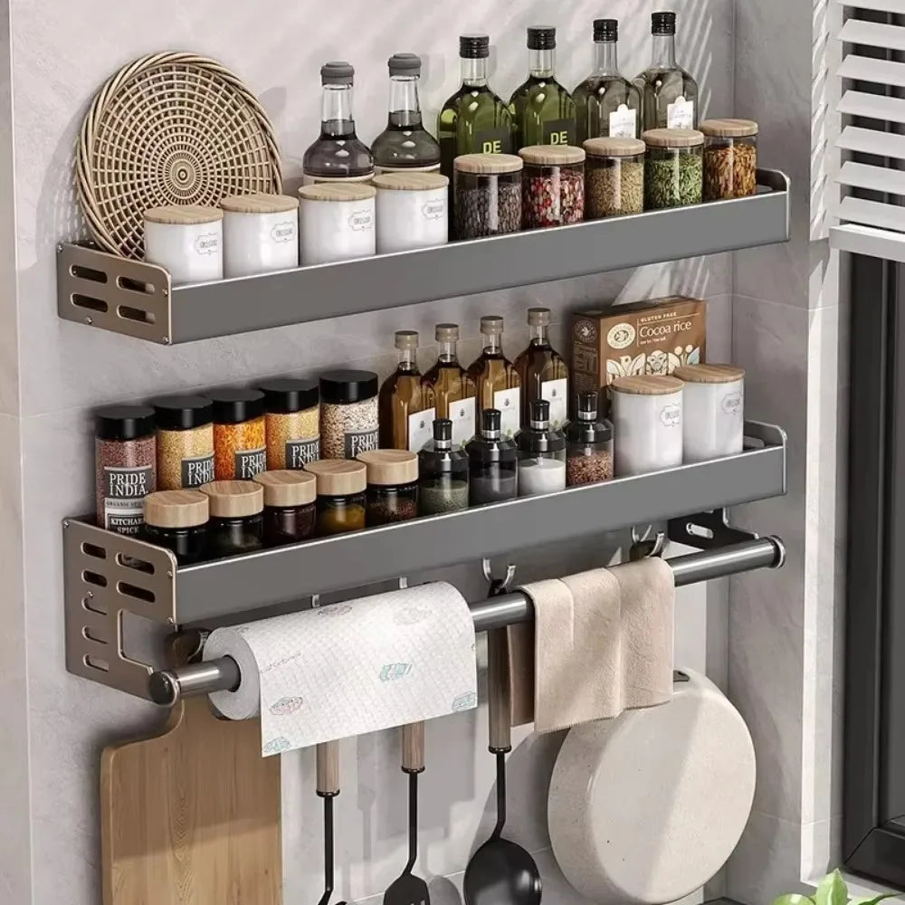 Stylish Aluminum Kitchen Storage Rack – Wall-Mounted Organizer