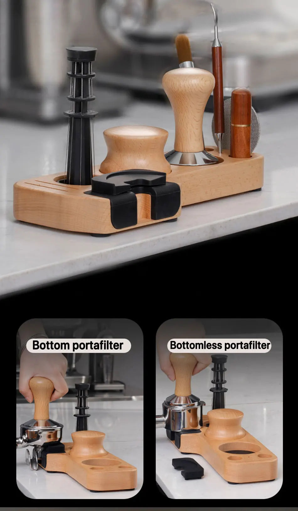 Wooden Coffee Tamper Station Stand - Espresso Portafilter Holder Base Rack